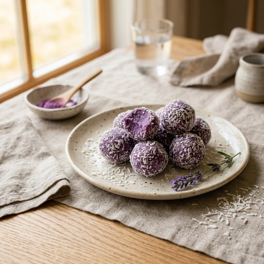 Boules d'énergie à l'ube roulées dans la noix de coco