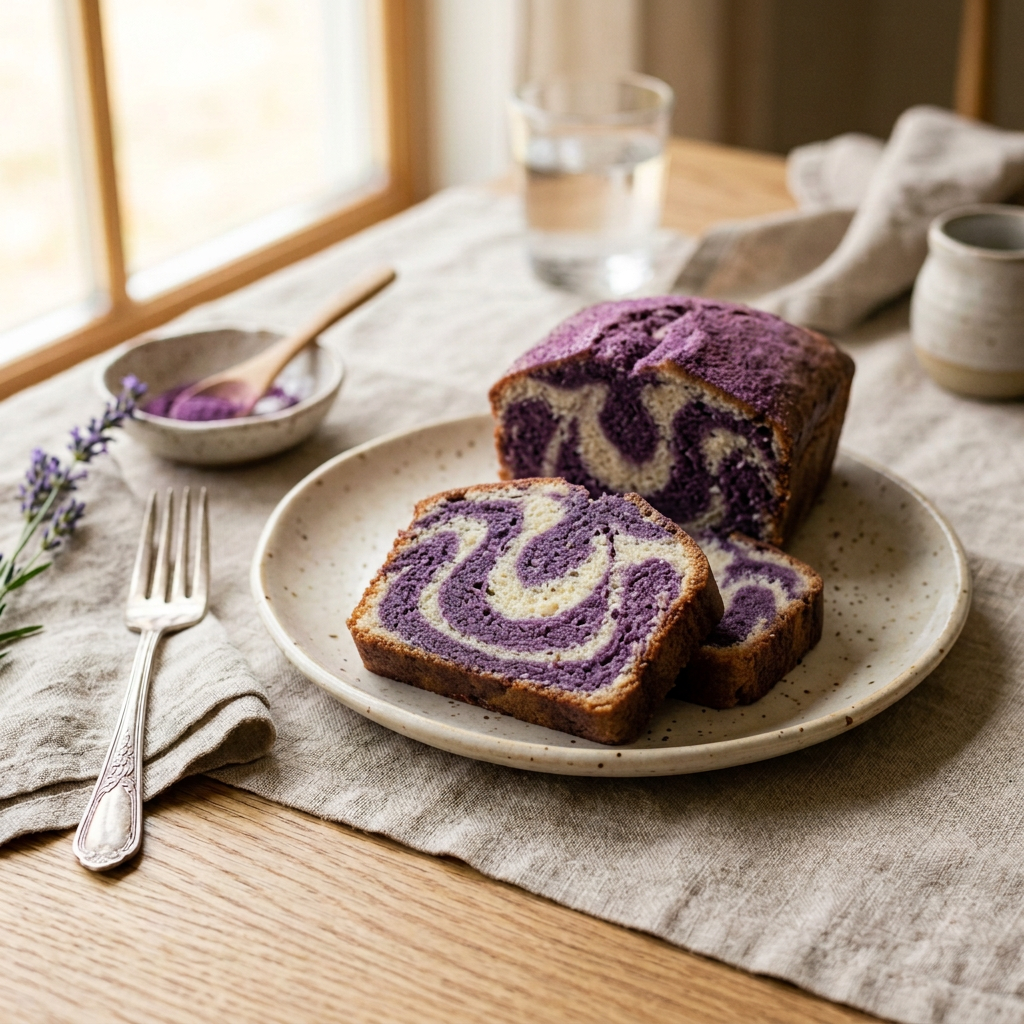 Tranches de cake marbré ube et vanille