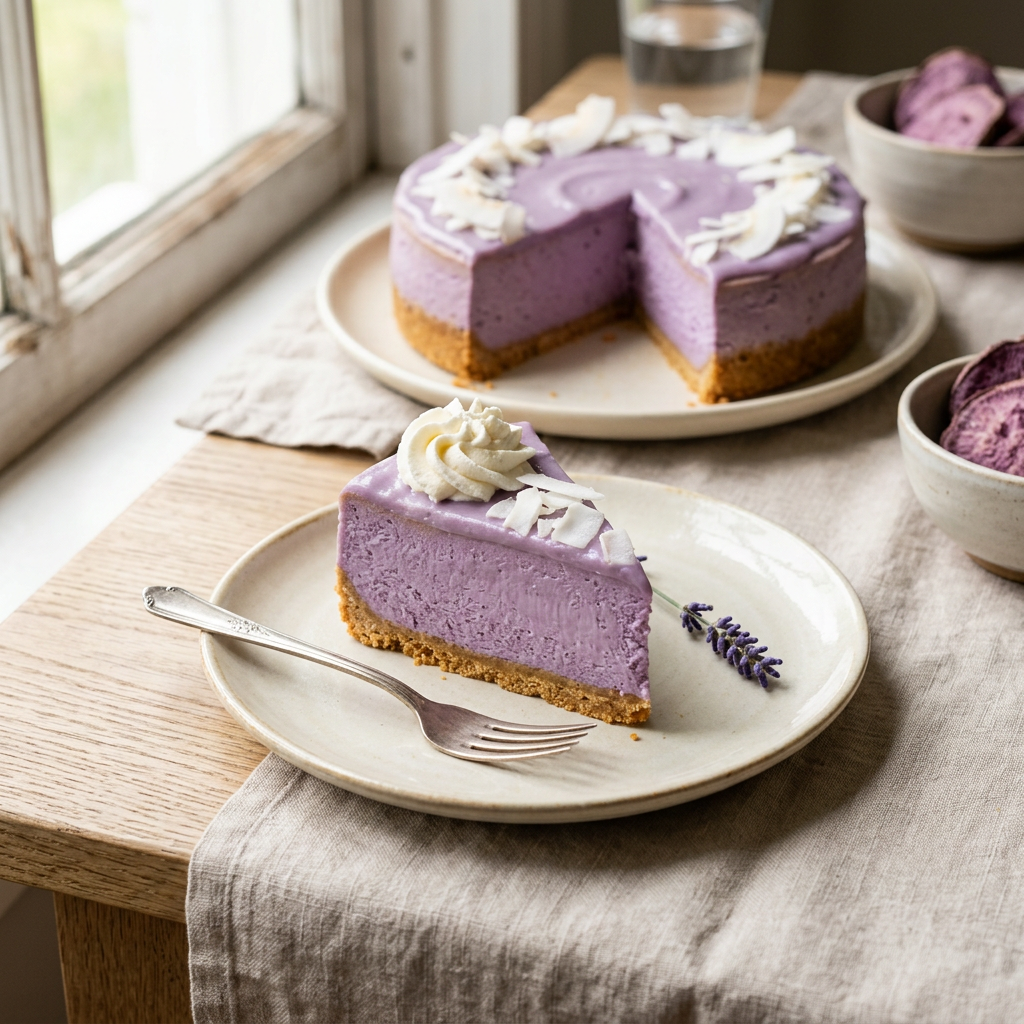 Part de cheesecake violet à l'ube sur base biscuitée