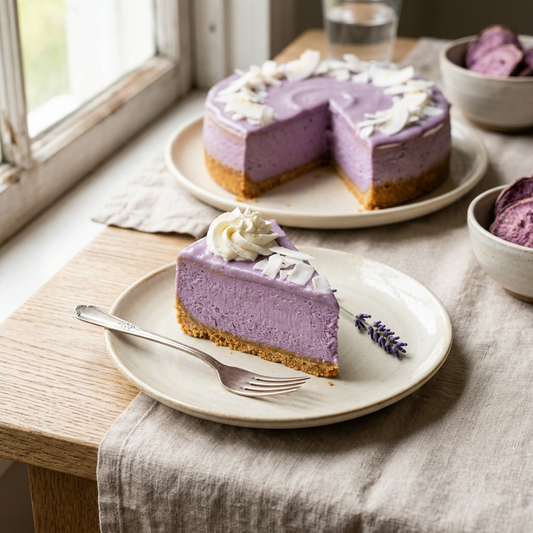 Part de cheesecake violet à l'ube sur base biscuitée