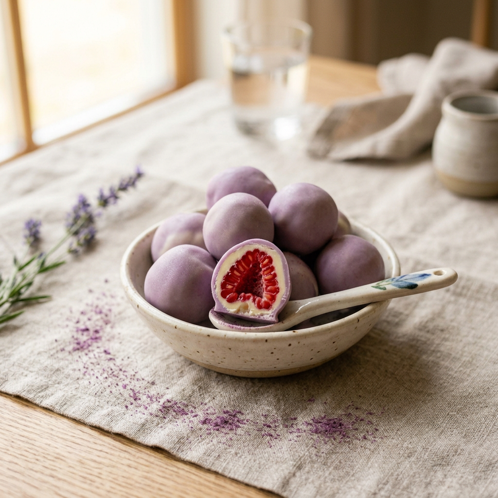 Framboises enrobées de chocolat blanc et d'ube