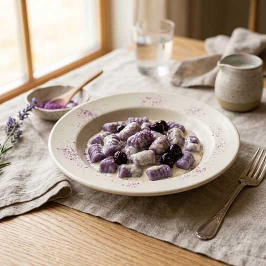 Gnocchis à l'ube, crème de gorgonzola et myrtilles