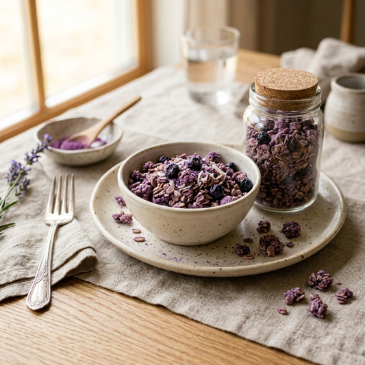 Granola violet à l'ube et aux myrtilles