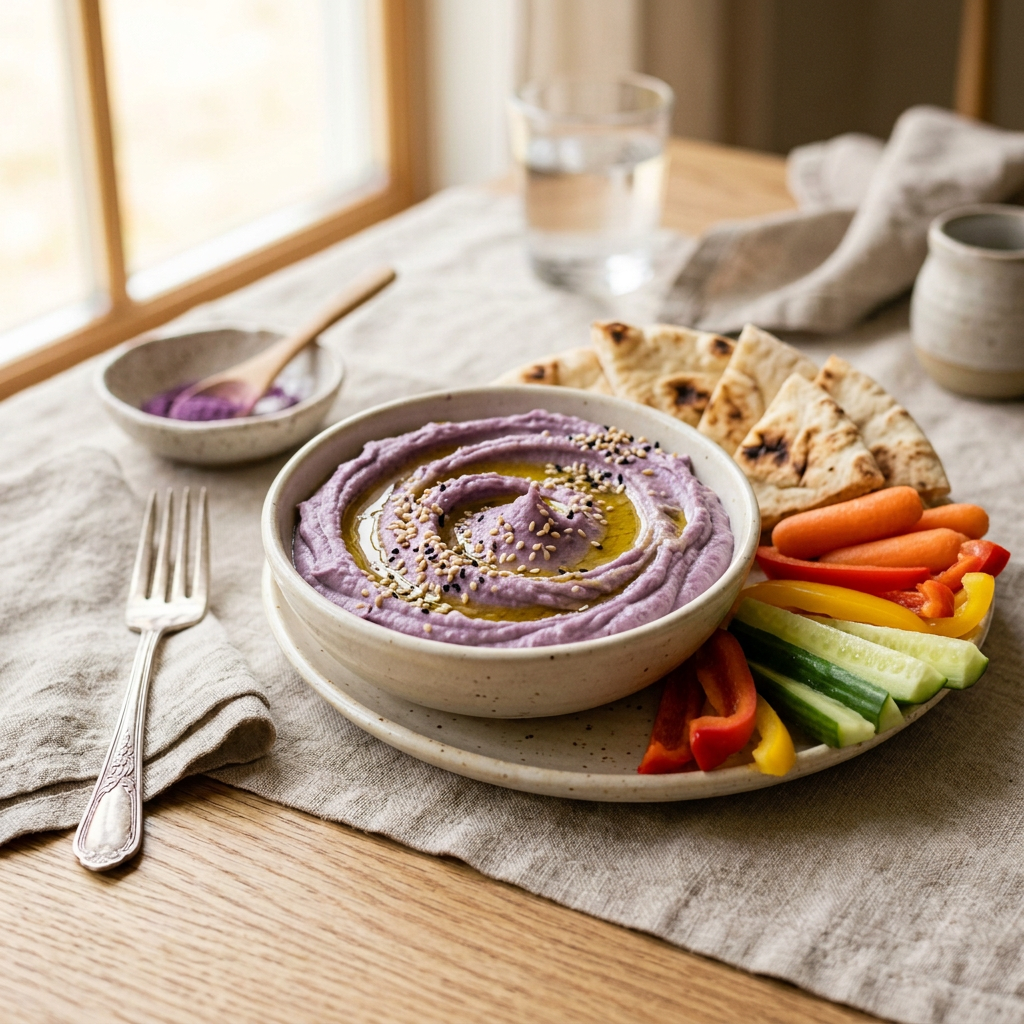 Houmous violet à l'ube, pain pita et crudités