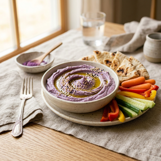 Houmous violet à l'ube, pain pita et crudités