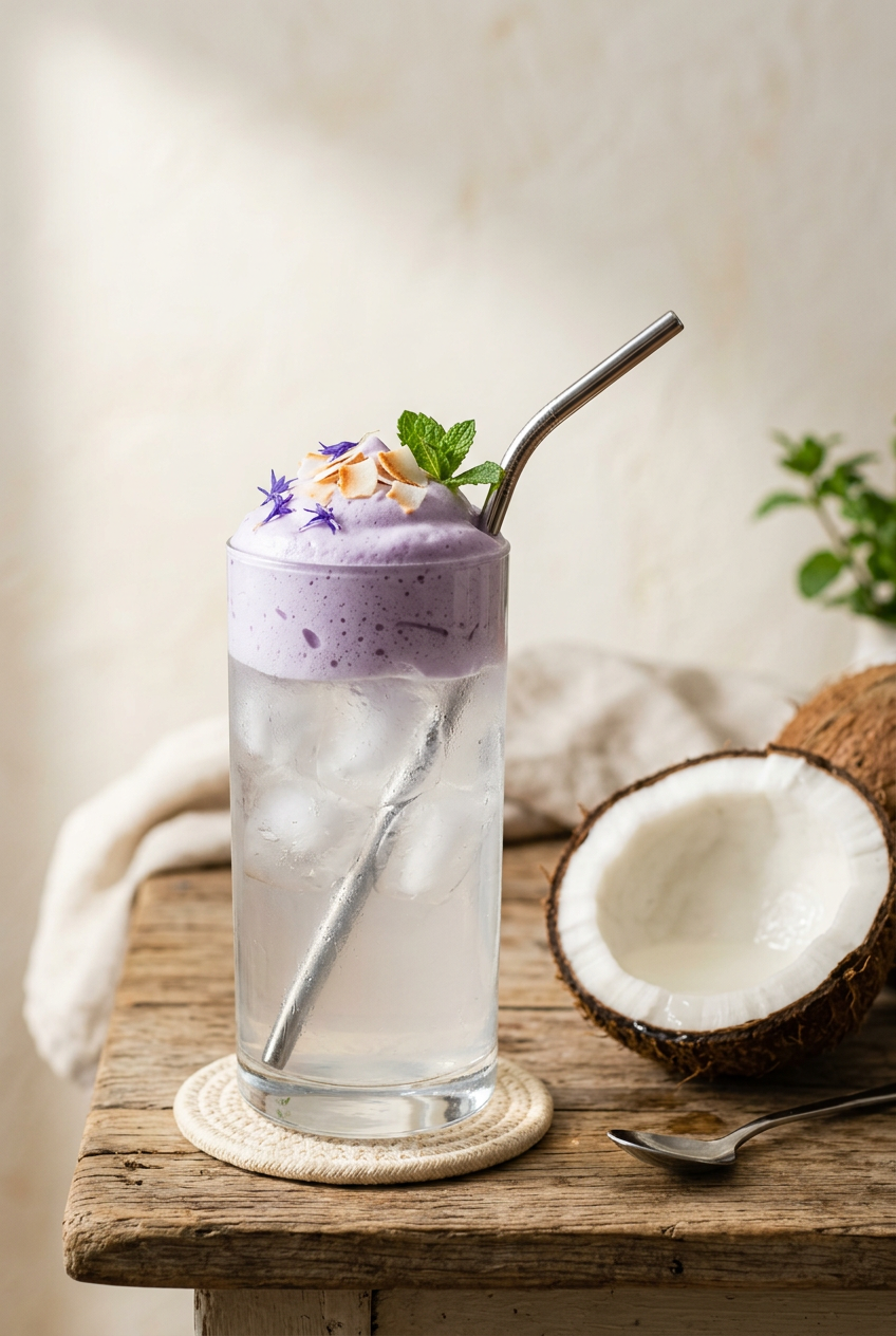 Eau de coco glacée surmontée d'une mousse violette à l'ube