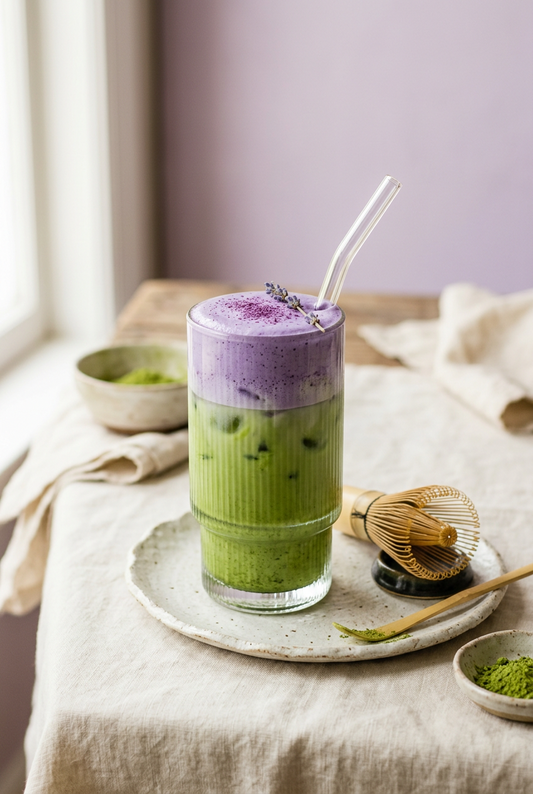 Latte matcha vert surmonté d'une mousse violette à l'ube