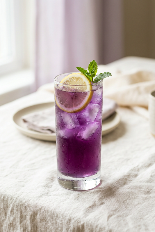 Ube lemonade violette glacée avec une tranche de citron