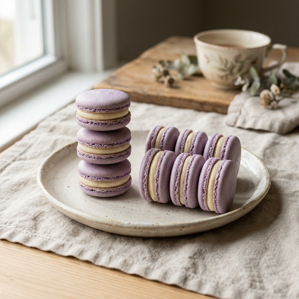 Macarons violet pastel à l'ube garnis de ganache
