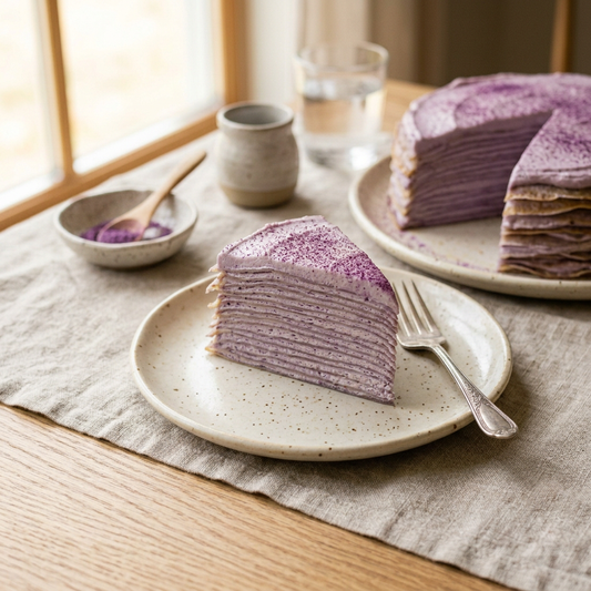 Part de mille crêpes à la crème d'ube