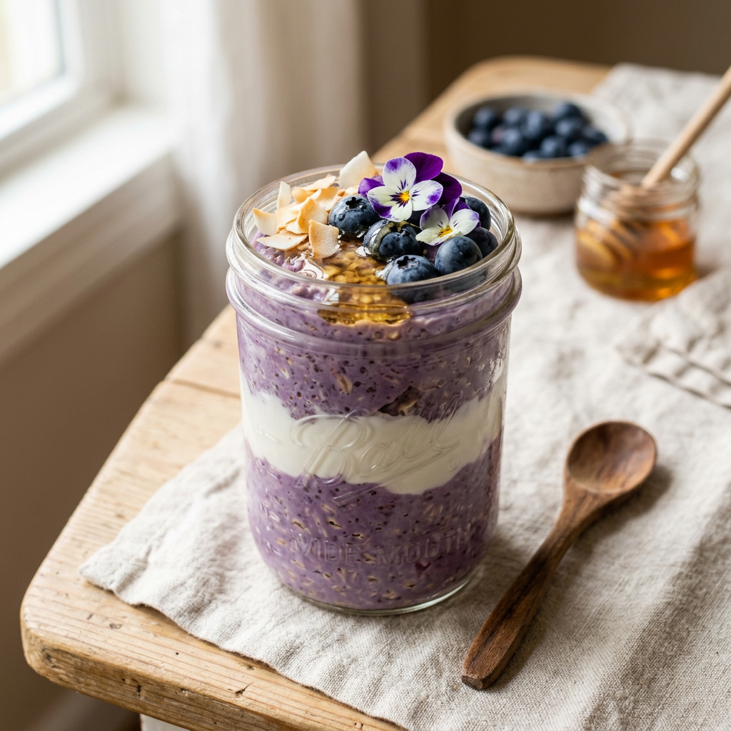 Overnight oats violets à l'ube en bocal, myrtilles et copeaux de coco