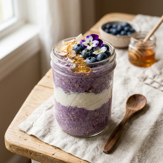 Overnight oats violets à l'ube en bocal, myrtilles et copeaux de coco