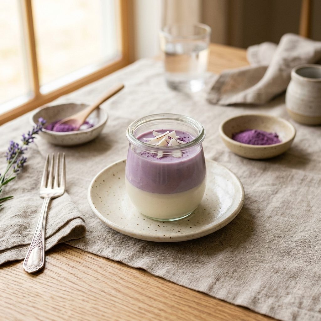 Panna cotta violette à l'ube et au lait de coco en verrine