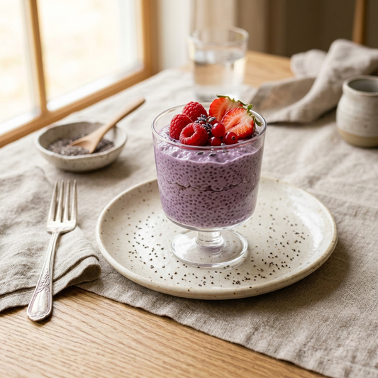 Pudding de chia violet à l'ube et fruits rouges