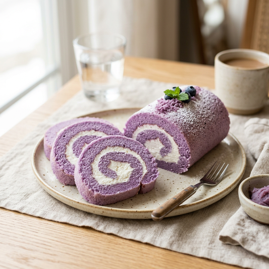 Roulé moelleux à l’ube et à la chantilly blanche, coupé en tranches sur une assiette en céramique crème.