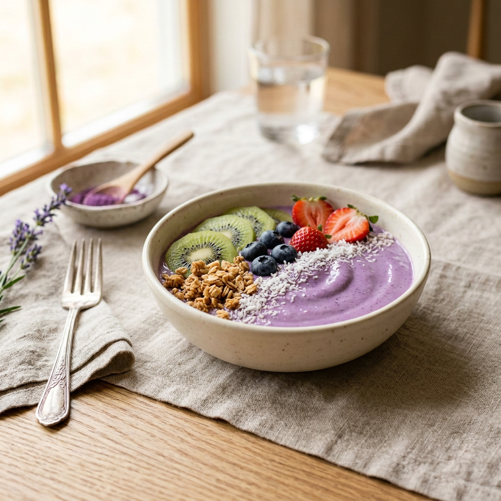 Smoothie bowl violet à l'ube garni de fruits frais et de granola