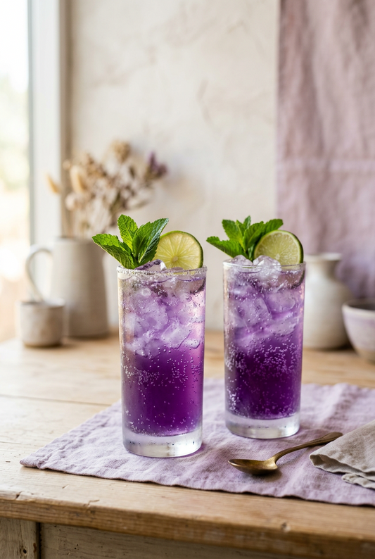 Mocktail pétillant violet à l'ube, menthe fraîche et citron vert