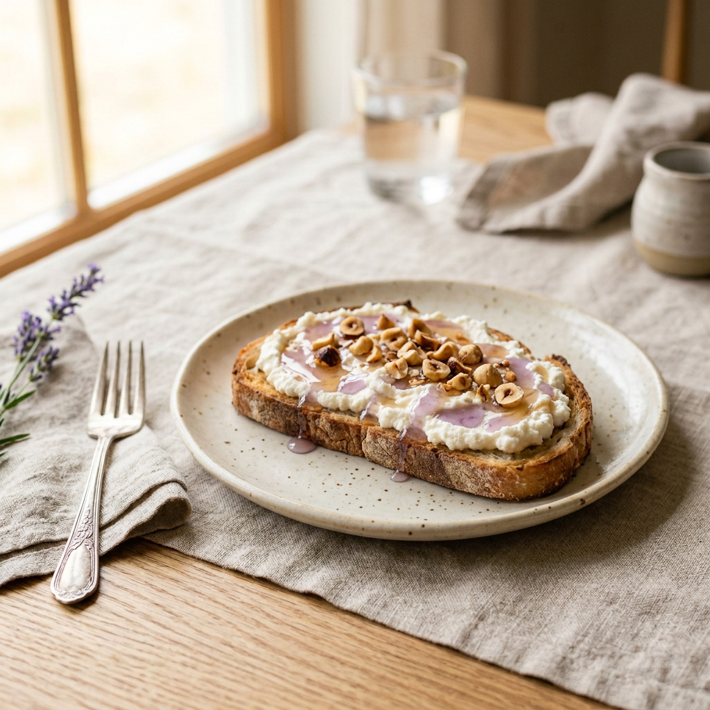 Toast ricotta, miel à l'ube et noisettes torréfiées