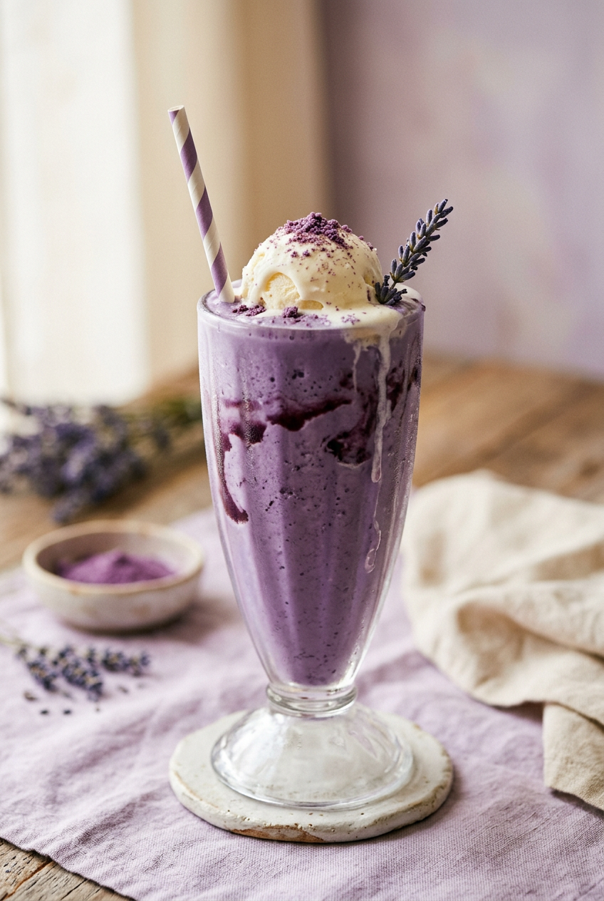 Milkshake violet à l'ube avec une boule de glace vanille