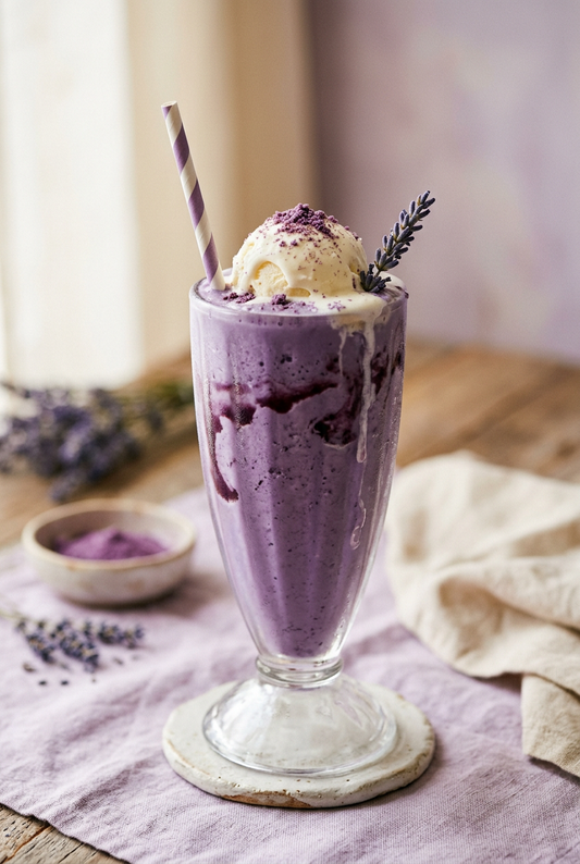 Milkshake violet à l'ube avec une boule de glace vanille