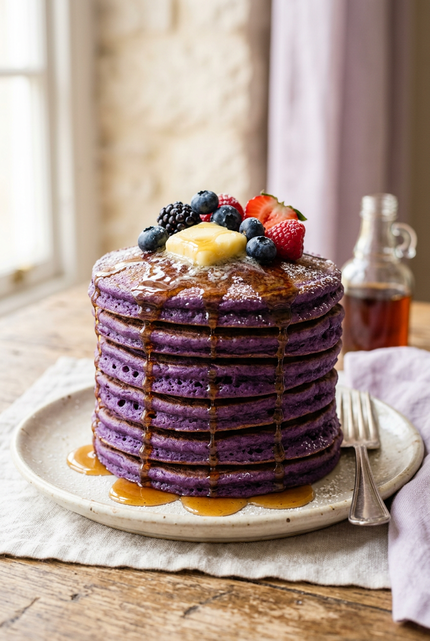 Pile de pancakes violets à l'ube avec sirop d'érable et fruits frais