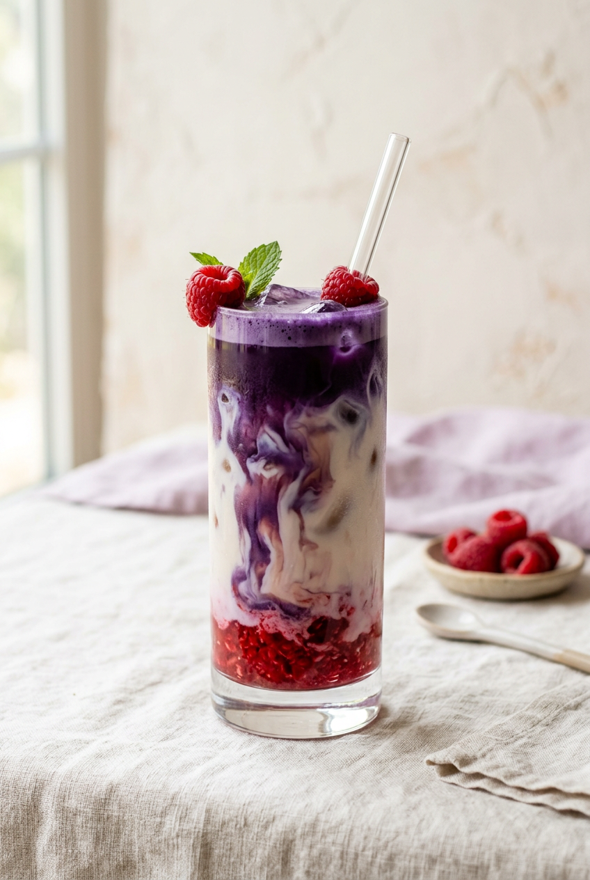 Iced latte à l'ube en couches avec des framboises écrasées