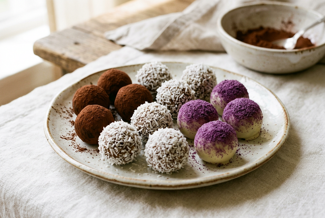 Truffes au chocolat blanc roulées dans le cacao, la coco et la poudre d'ube